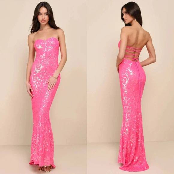 Lulus Glam Aura Hot Pink Iridescent Sequin Strapless Maxi Dress Prom Party - Picture 1 of 11